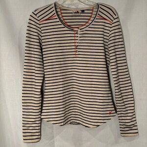Kavu Black and Cream striped long sleeve Henley T Shirt size S